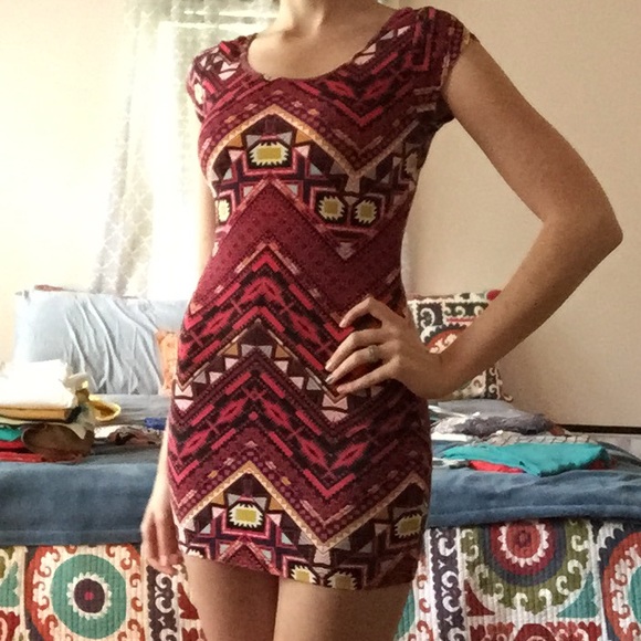 Aztec Tribal Print Fitted Mini Dress Size M