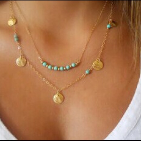**Turquoise & Gold Disc Double Layered Necklace**