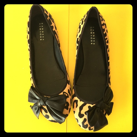 Barneys New York Leopard and Leather Bow Flats