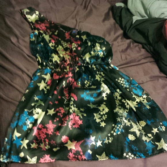 One shoulder dress. Blue pink and white