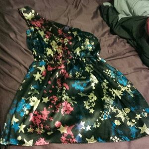 One shoulder dress. Blue pink and white