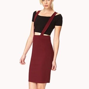F21 burgundy overalls pencil skirt