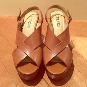 Brown leather slingback wedge