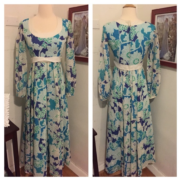 1960s handmade blue floral maxi dress size small