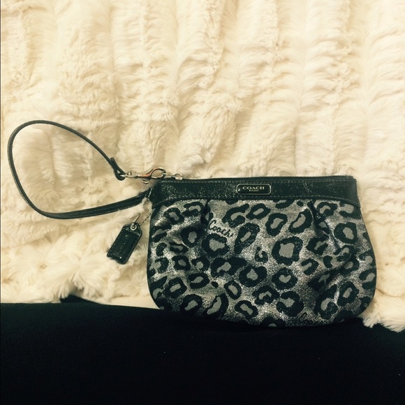 Authentic black and silver leopard coach wristlet