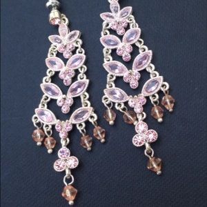 Monet baby pink chandelier crystal earrings silver
