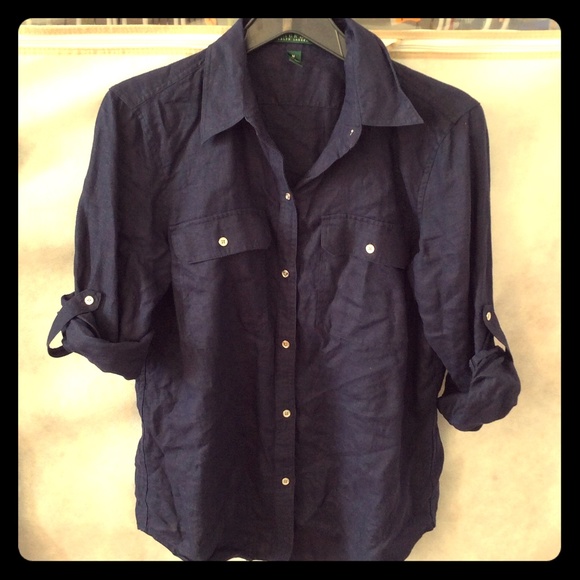 Ralph Lauren 100% linen Navy Button Up Blouse