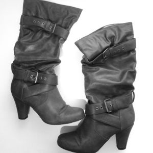 Grey, Mid-Calf Boots with Buckle Details