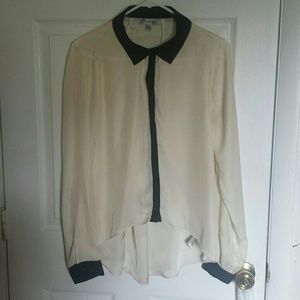 Cream & black high low tuxedo silk top