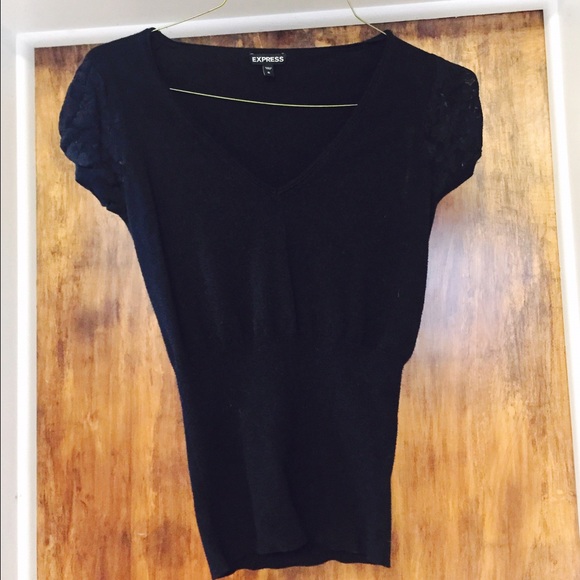 V-neck fitted black Express sweater lace sleeves