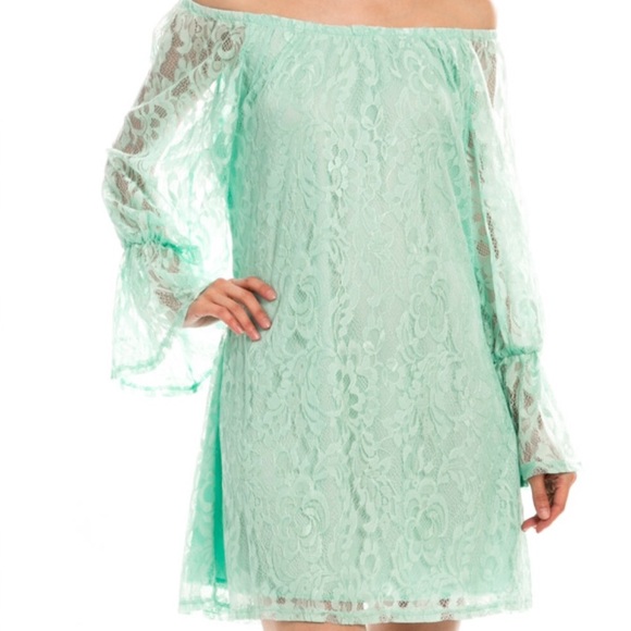 Mint green lace off shoulder dress