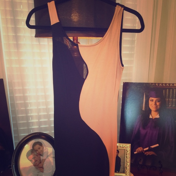 Tan and navy blue dress with mesh back
