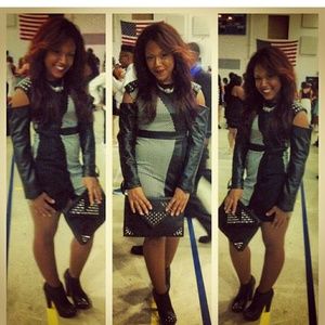 leather and studded off the shoulder dress