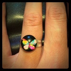 Butterfly Handmade Glass Dome Adjustable Ring.
