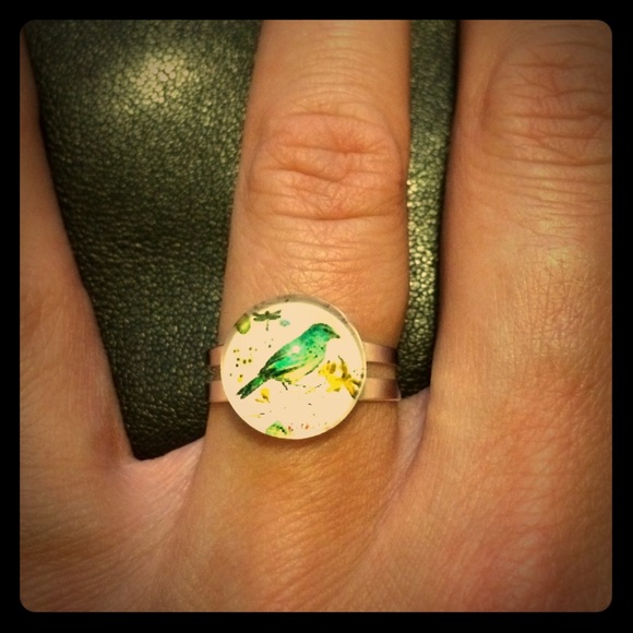 Bird Handmade Glass Dome Adjustable Ring - Picture 1 of 1