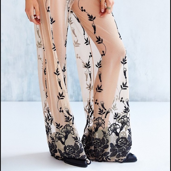 Embroidered Mesh Nude/Black Sheer Flared Pants