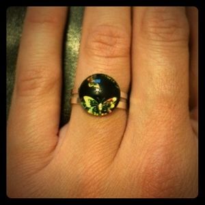Butterfly Handmade Glass Dome Adjustable Ring.