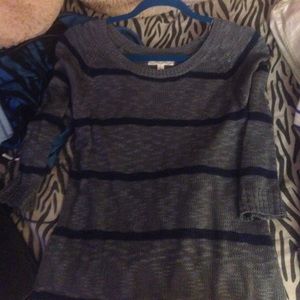 Gray with navy blue stripped shirt