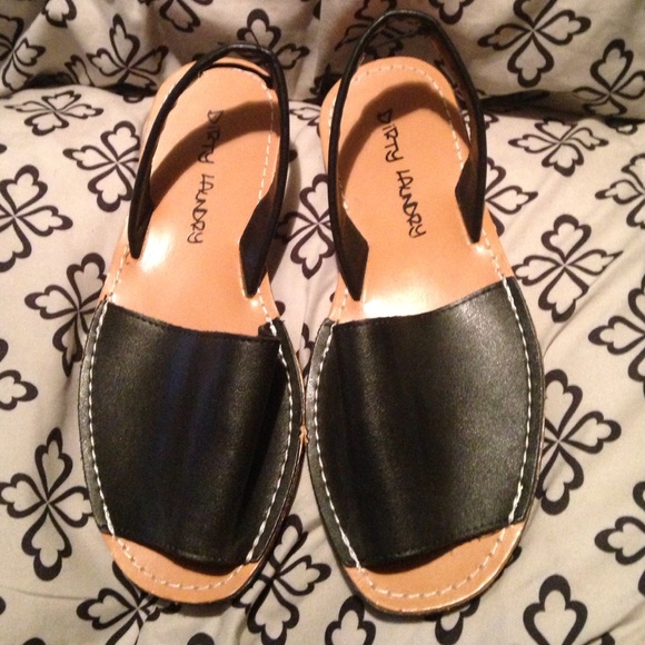 black faux leather slip on slingback sandals