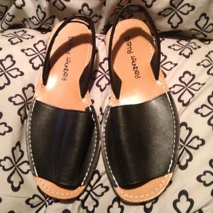 black faux leather slip on slingback sandals