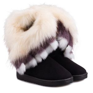 Suede black multi color fur mid calf boots