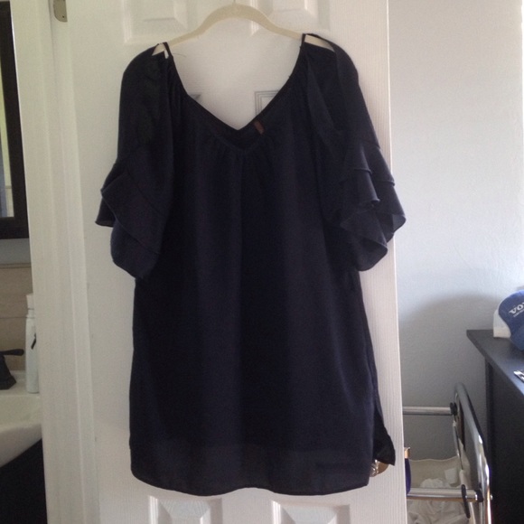 Navy blue shift dress with ruffle accents!