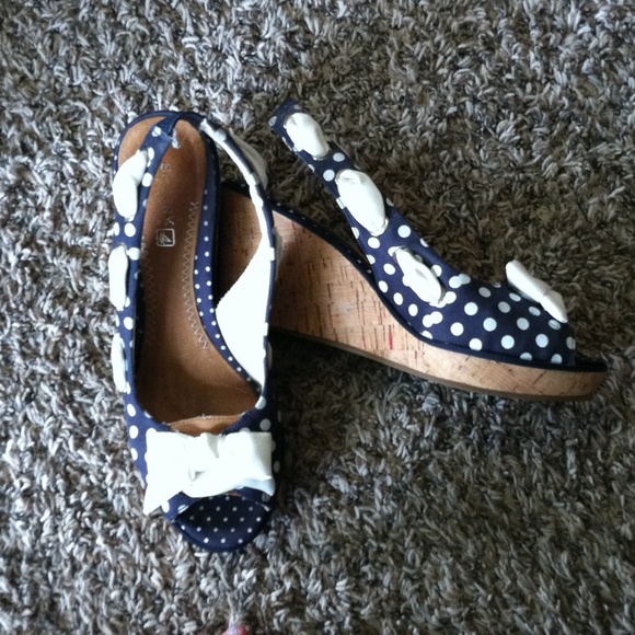 Sperry Navy and White Polka Dot Wedges