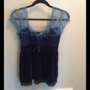 Free People blue, baby doll velvet and lace top