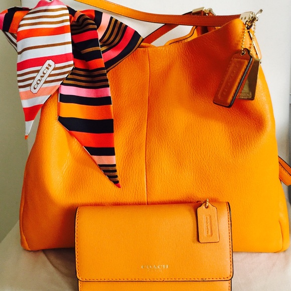 Coach Medium Phoebe, scarf, and wallet in Mandarin