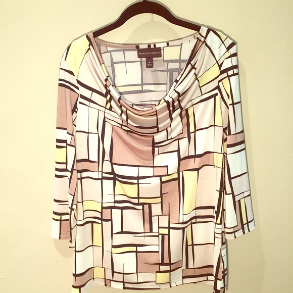 ☕️Dana Buchman Tan & Yellow Print Blouse - Picture 1 of 2