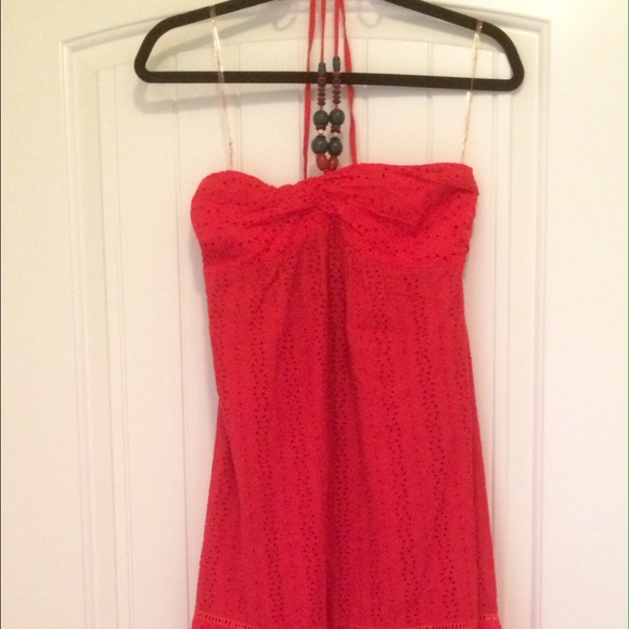 Red Eyelet Maxi Dress Halter Bandeau - Picture 2 of 4