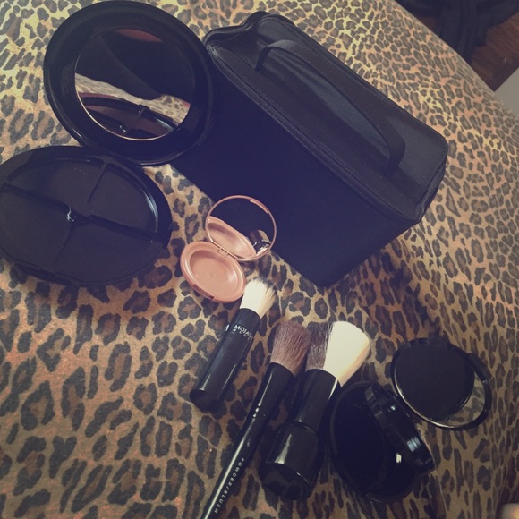 Miscellaneous makeup compacts (empty) & brushes.