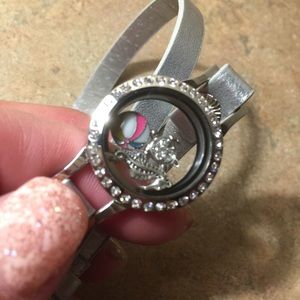 Silver leather wrap floating locket bracelet