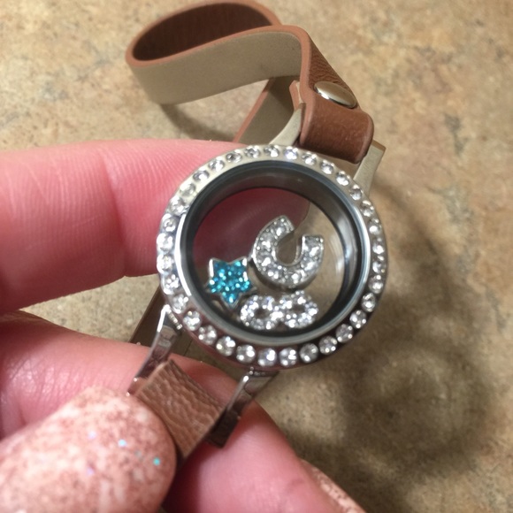 Brown leather wrap floating locket bracelet
