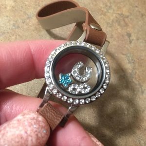 Brown leather wrap floating locket bracelet