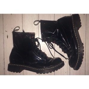 Black patent leather combat boots