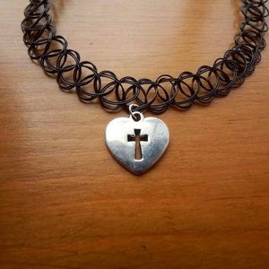 Handmade Heart cross pendant Black tattoo choker