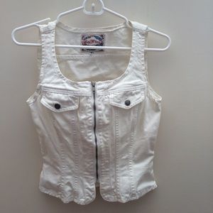 White jean vintage zip up vest/top