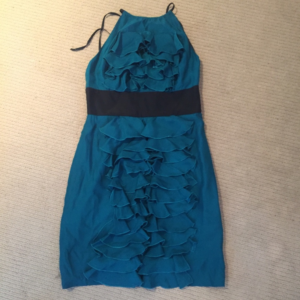Silk ruffle front halter dress