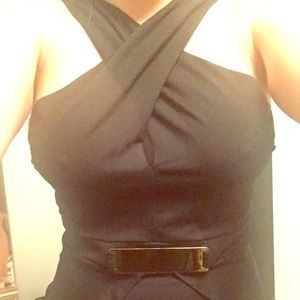 BRAND NEW! Bebe peplum black gold belted top