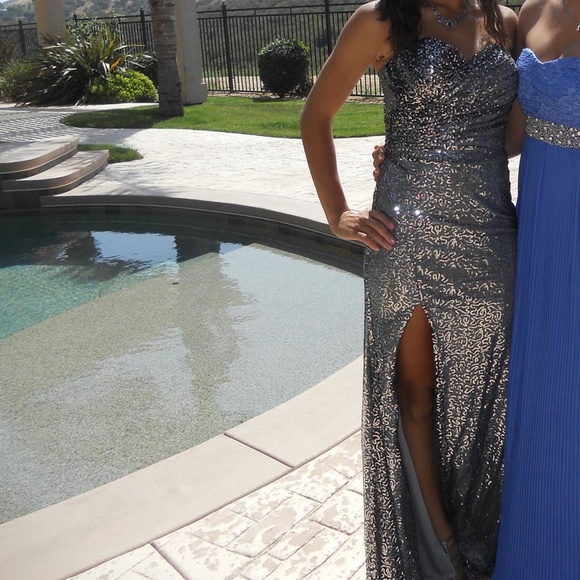 Long Grey Sequin Prom Dress - Picture 4 of 4