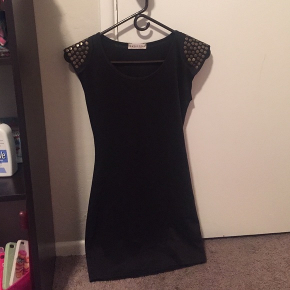 Black body con dress with gold studded shoulders