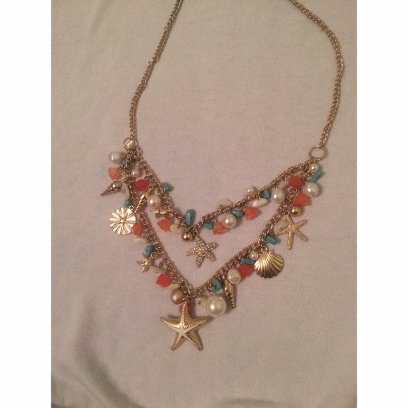 Coral and teal sea-themed two-strand necklace!