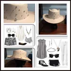 White silver stud wide brim hat.