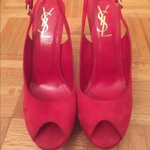 YSL red tribute peep toe pumps