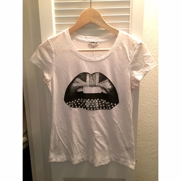 Express White Studded British Flag Lips Tee - S