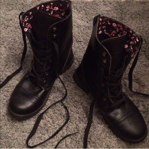 Black HT Combat Floral Print Boots