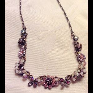 Flower necklace Pink and purple stones 13"