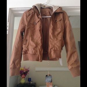 Camel colored bomber jacket, knit hood.