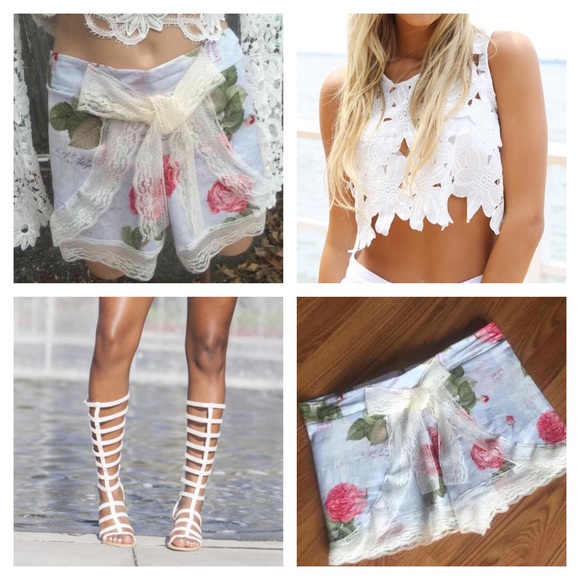 "Somewhere in Paris" Floral Lace Trim Shorts